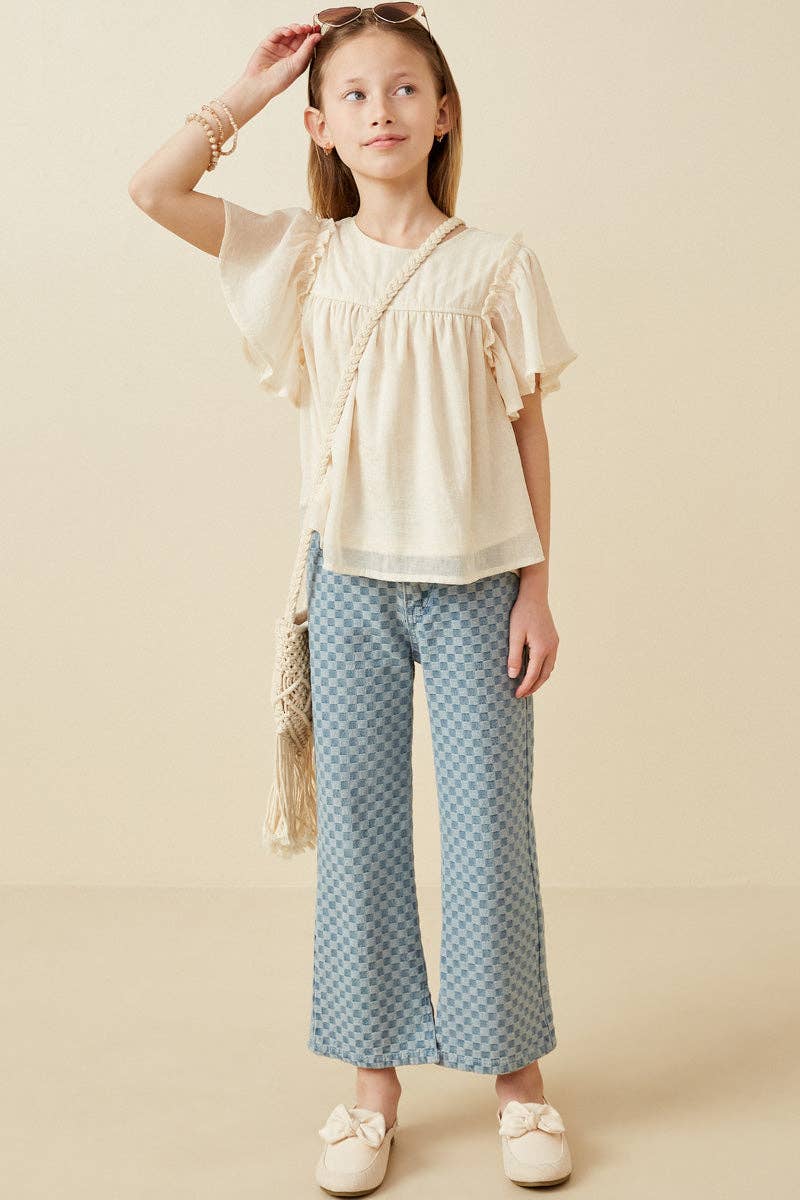 Girls Textured Ruffled Flutter Sleeve Top