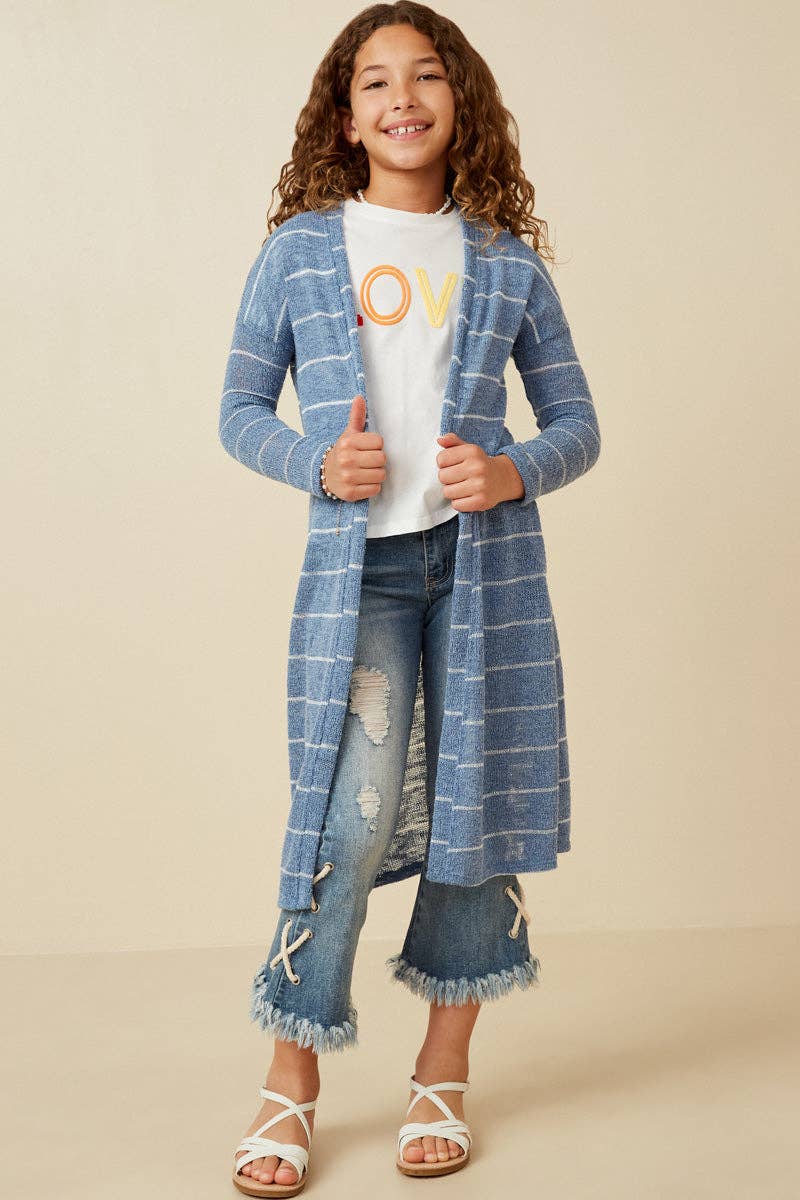 Girls Loose Knit Striped Open Duster