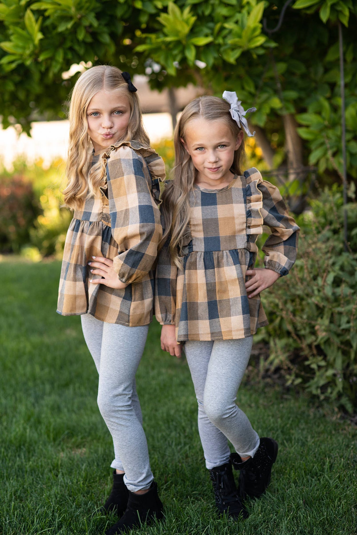 Girls Mustard & Gray Plaid Ruffle Button Fall Winter Set