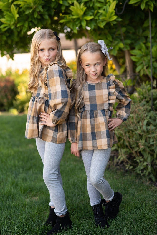 Girls Mustard & Gray Plaid Ruffle Button Fall Winter Set