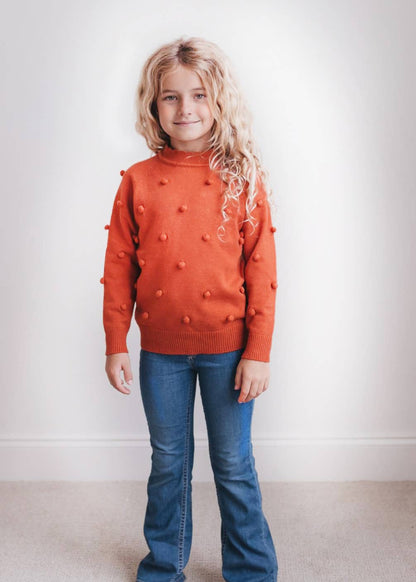 Kids Rust Pom Pom Fall Winter Scalloped Crew Neck Sweater