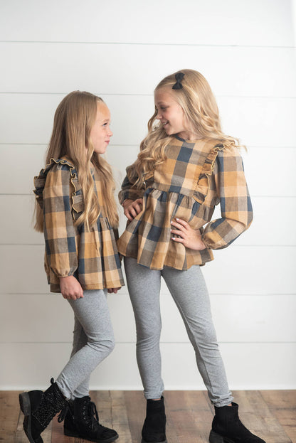 Girls Mustard & Gray Plaid Ruffle Button Fall Winter Set
