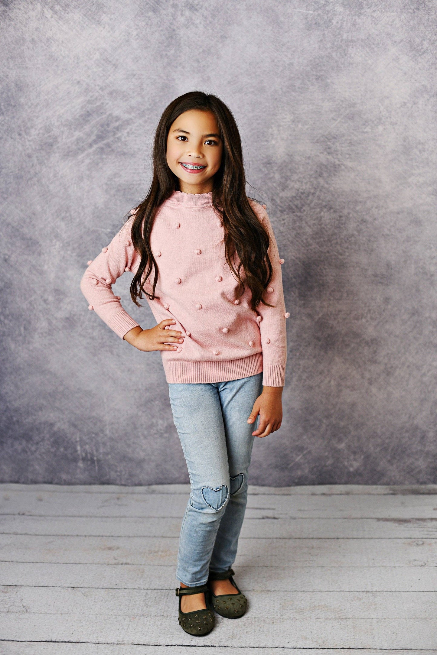 Kids Pink Pom Pom Fall Winter Scalloped Crew Neck Sweater