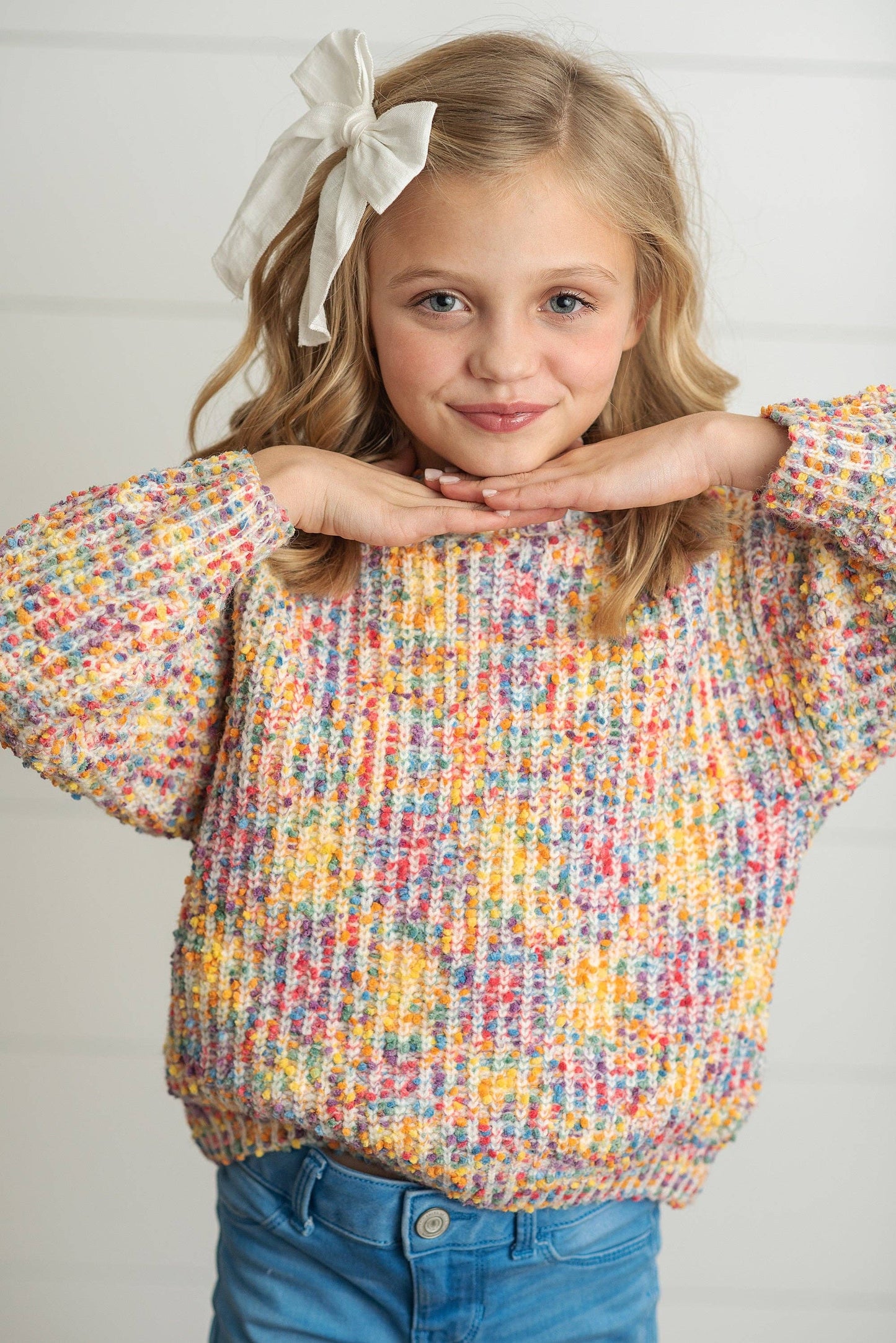 Kids Rainbow Confetti Textured Crew Neck Winter Sweater