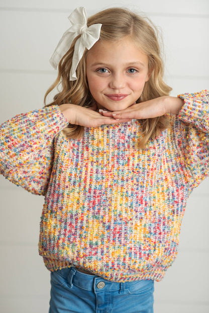 Kids Rainbow Confetti Textured Crew Neck Winter Sweater