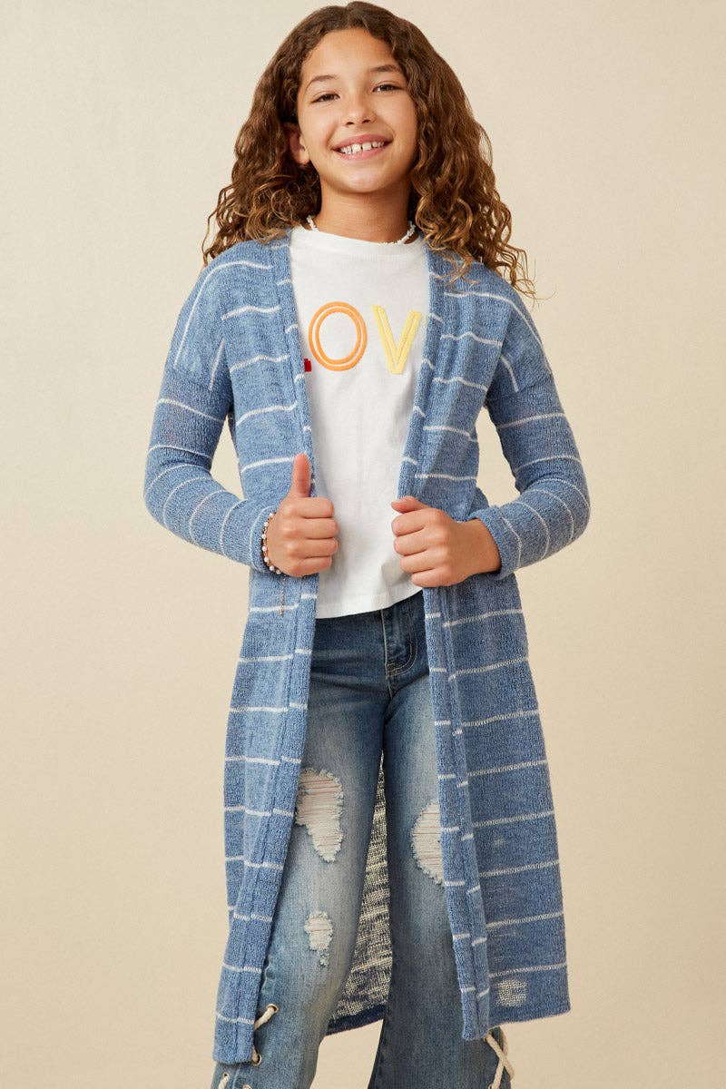 Girls Loose Knit Striped Open Duster