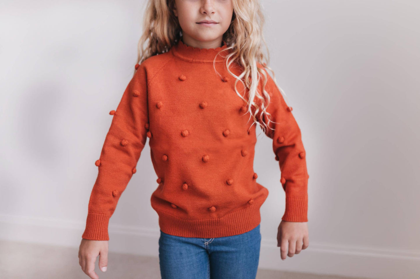 Kids Rust Pom Pom Fall Winter Scalloped Crew Neck Sweater