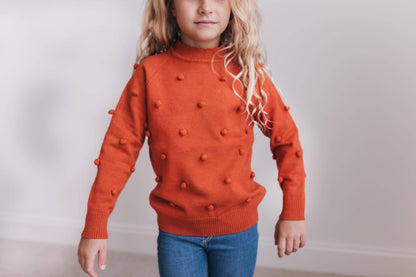 Kids Rust Pom Pom Fall Winter Scalloped Crew Neck Sweater