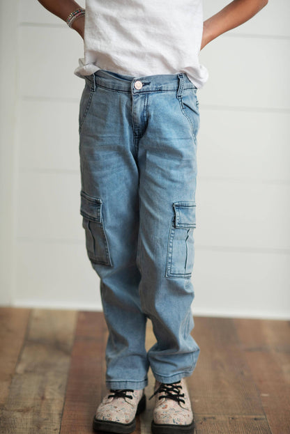 Kids Light Wash Faded Denim Cargo Jean Pant With Pockets