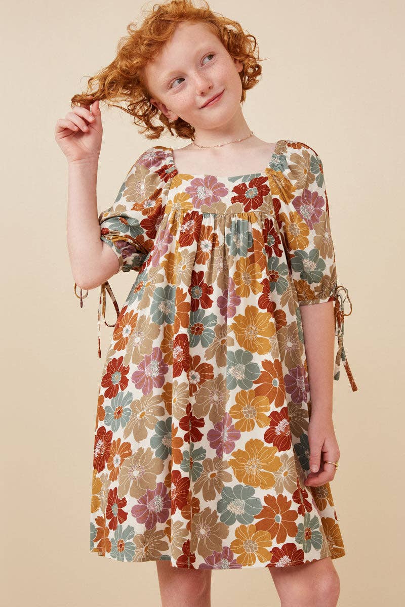 Girls Earthy Floral Square Neck Tie Sleeve Dress