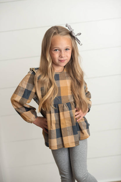 Girls Mustard & Gray Plaid Ruffle Button Fall Winter Set