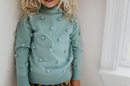 Kids Teal Pom Pom Fall Winter Scalloped Crew Neck Sweater