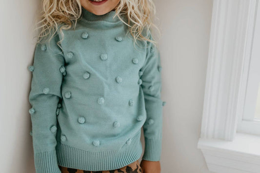 Kids Teal Pom Pom Fall Winter Scalloped Crew Neck Sweater