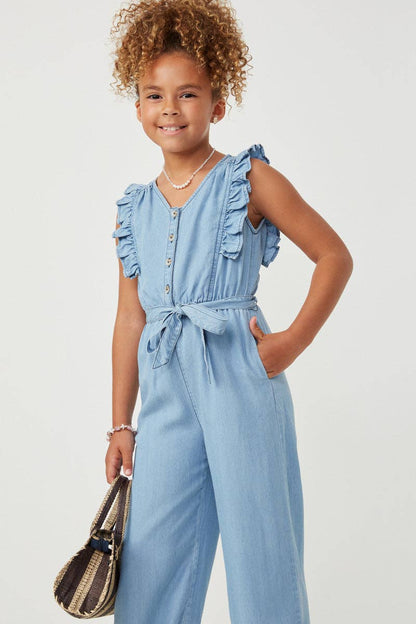 Girls Tencel Buttoned Ruffle Tank Wideleg Jumpsuit