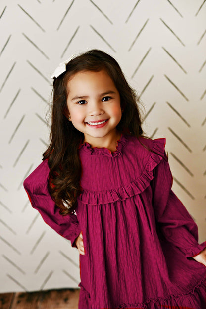 Girls Annie Plum Colored Ruffle Long Sleeve Fall Dress