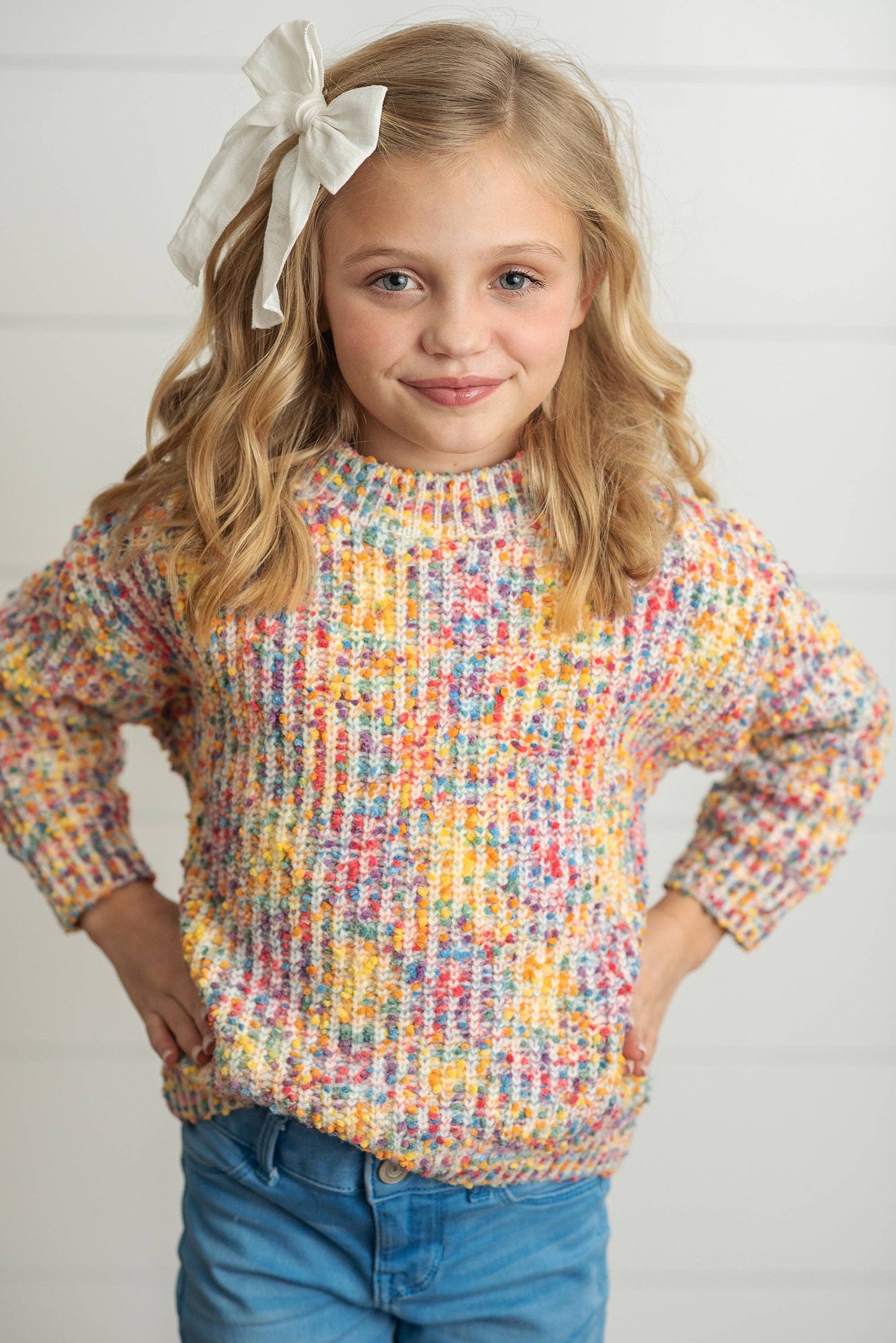 Kids Rainbow Confetti Textured Crew Neck Winter Sweater