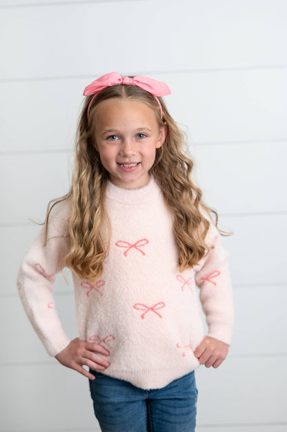 Girls Pink Bow Fuzzy Crew Neck Coquette Fall Winter Sweater