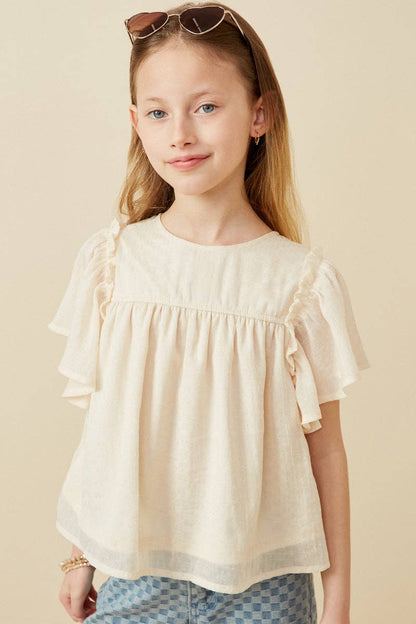 Girls Textured Ruffled Flutter Sleeve Top