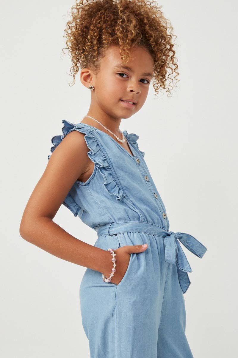 Girls Tencel Buttoned Ruffle Tank Wideleg Jumpsuit