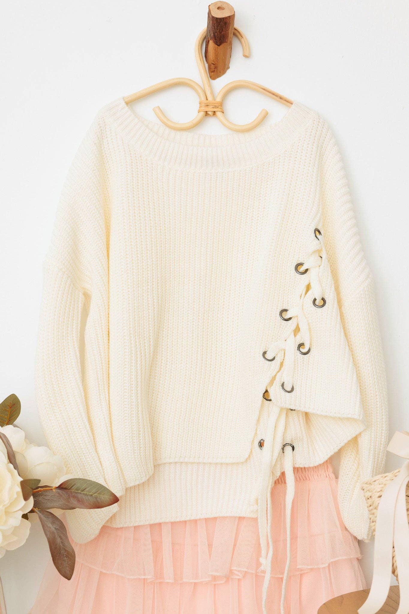 Girls Back Side Tie Long Sleeve Tie Up Oversize Sweater