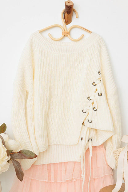 Girls Back Side Tie Long Sleeve Tie Up Oversize Sweater