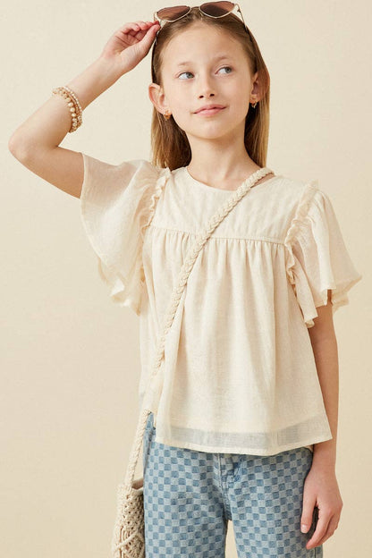 Girls Textured Ruffled Flutter Sleeve Top