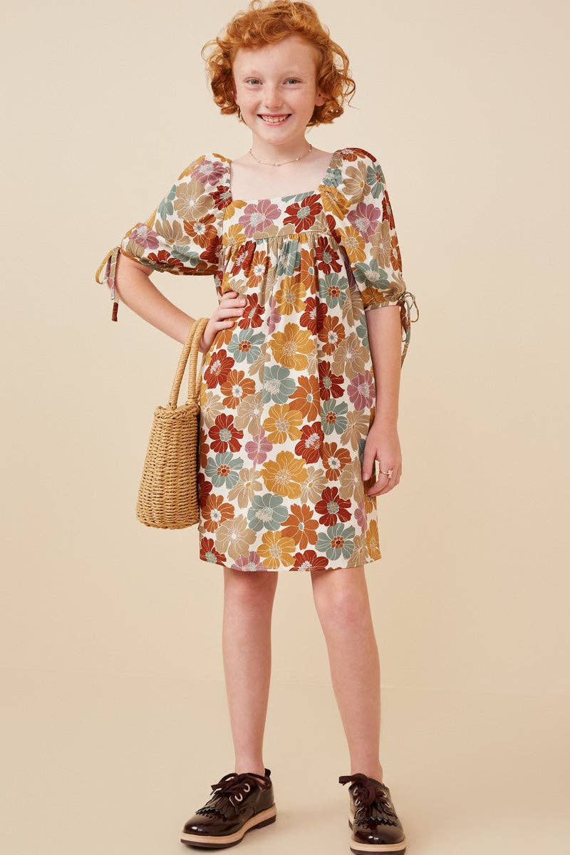 Girls Earthy Floral Square Neck Tie Sleeve Dress