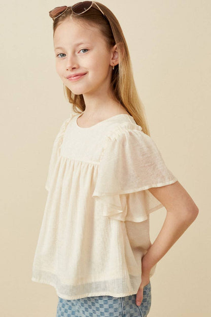 Girls Textured Ruffled Flutter Sleeve Top