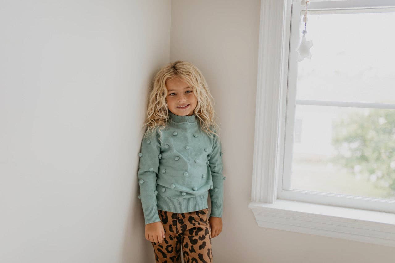 Kids Teal Pom Pom Fall Winter Scalloped Crew Neck Sweater