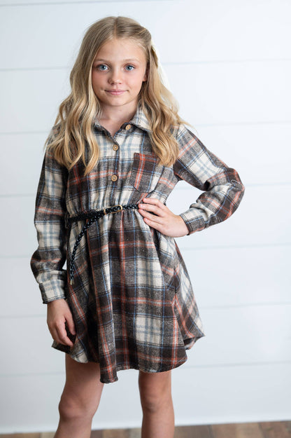 Girls Fall Plaid Button Shirt Dress With Belt