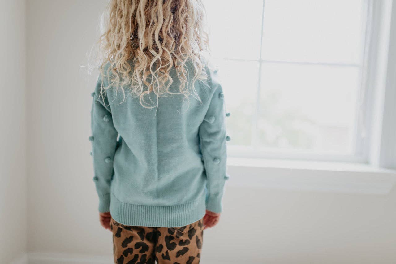Kids Teal Pom Pom Fall Winter Scalloped Crew Neck Sweater