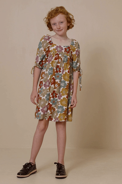 Girls Earthy Floral Square Neck Tie Sleeve Dress