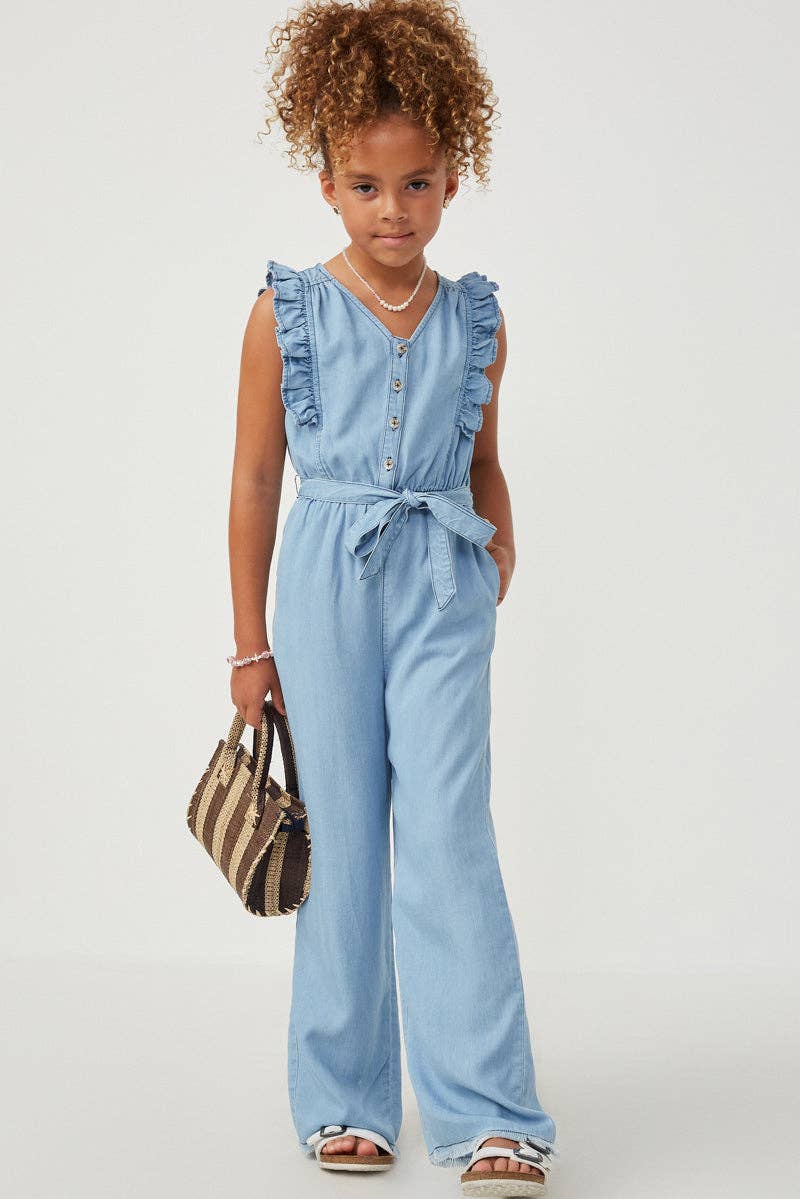 Girls Tencel Buttoned Ruffle Tank Wideleg Jumpsuit