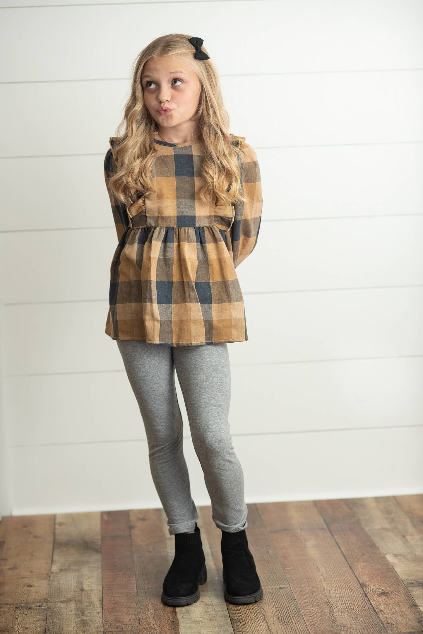 Girls Mustard & Gray Plaid Ruffle Button Fall Winter Set