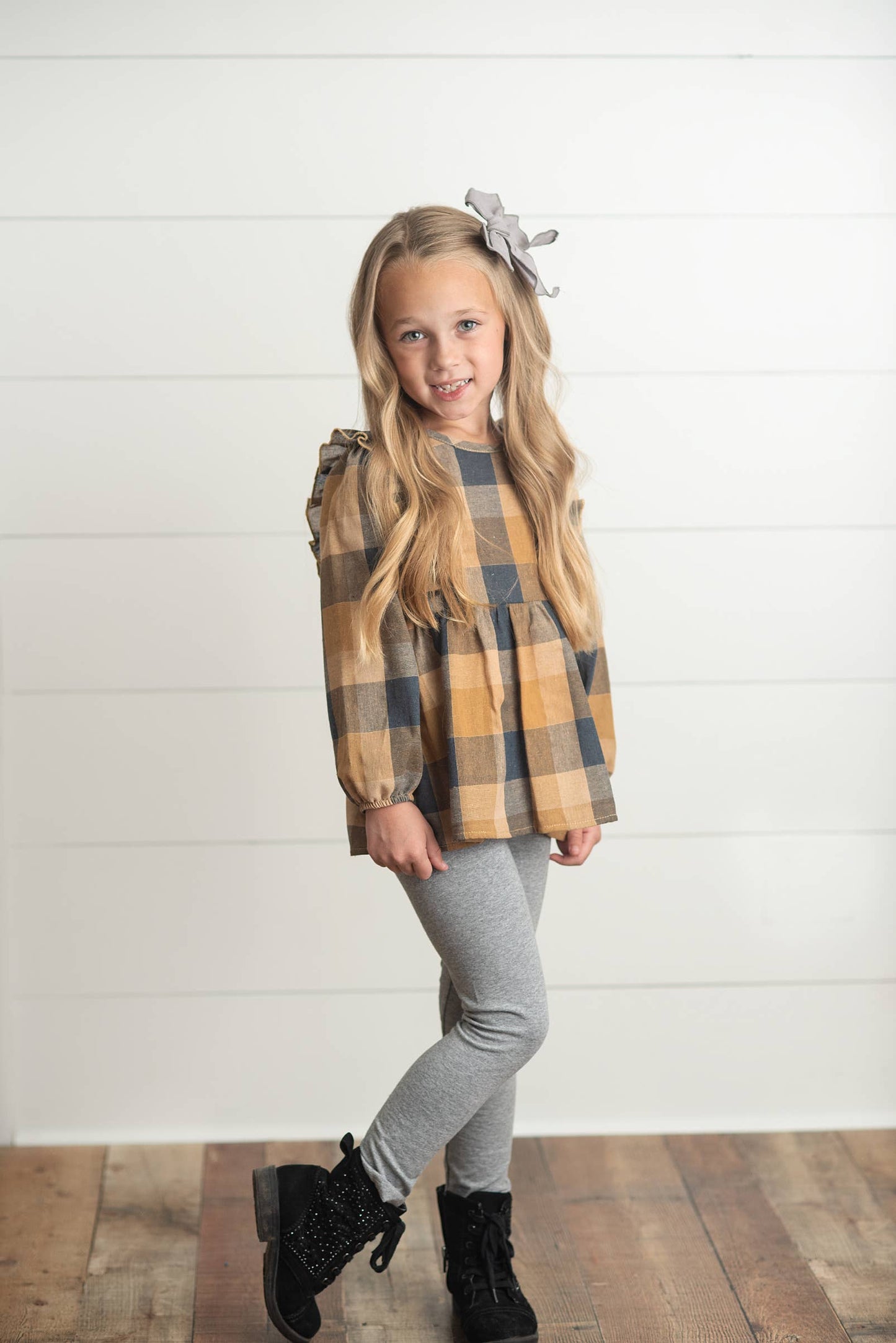 Girls Mustard & Gray Plaid Ruffle Button Fall Winter Set