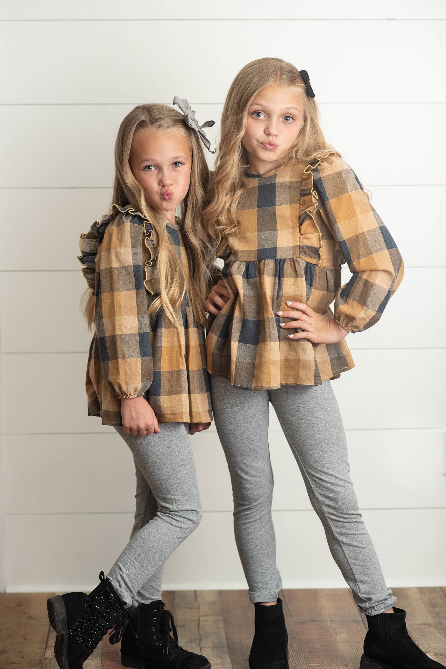 Girls Mustard & Gray Plaid Ruffle Button Fall Winter Set
