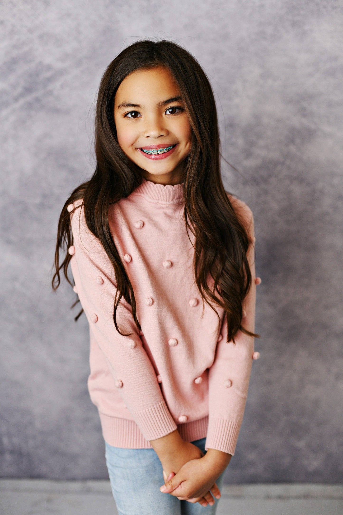 Kids Pink Pom Pom Fall Winter Scalloped Crew Neck Sweater