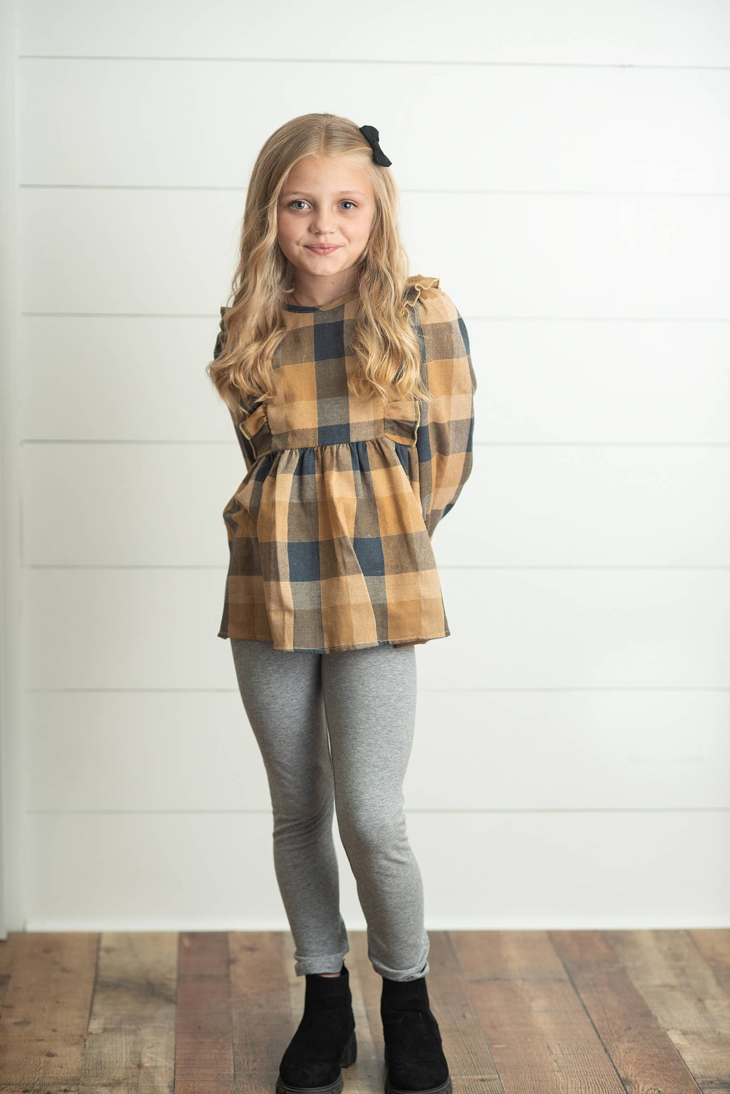 Girls Mustard & Gray Plaid Ruffle Button Fall Winter Set