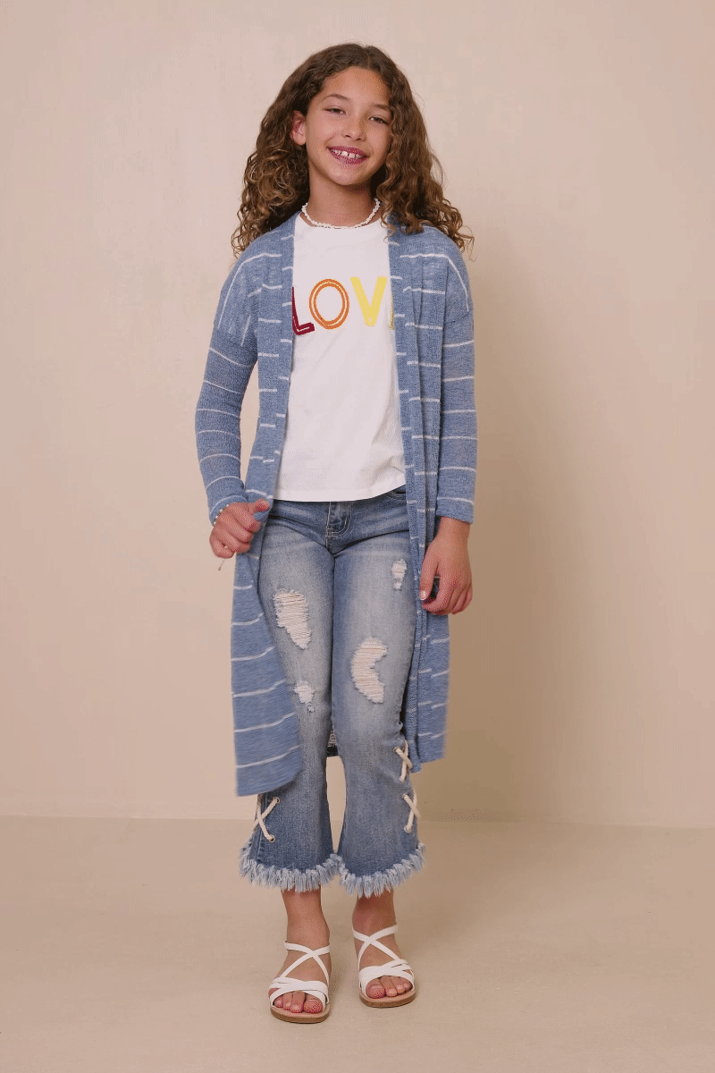 Girls Loose Knit Striped Open Duster