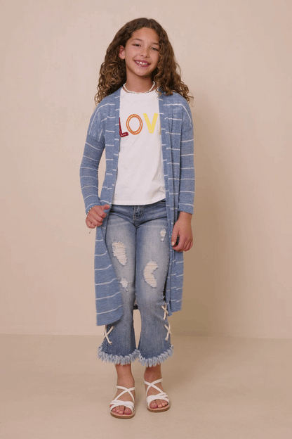 Girls Loose Knit Striped Open Duster