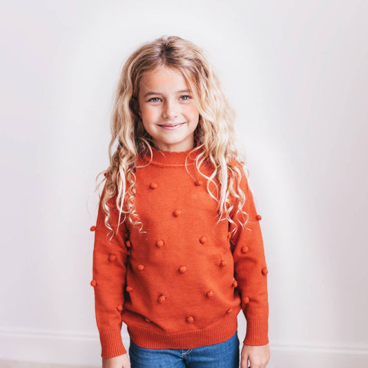 Kids Rust Pom Pom Fall Winter Scalloped Crew Neck Sweater