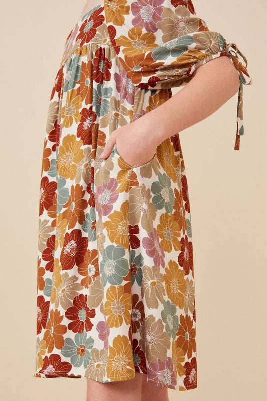 Girls Earthy Floral Square Neck Tie Sleeve Dress