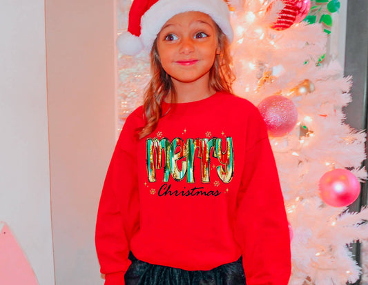YOUTH Faux Glitter Merry Christmas Brushstroke Sweatshirt